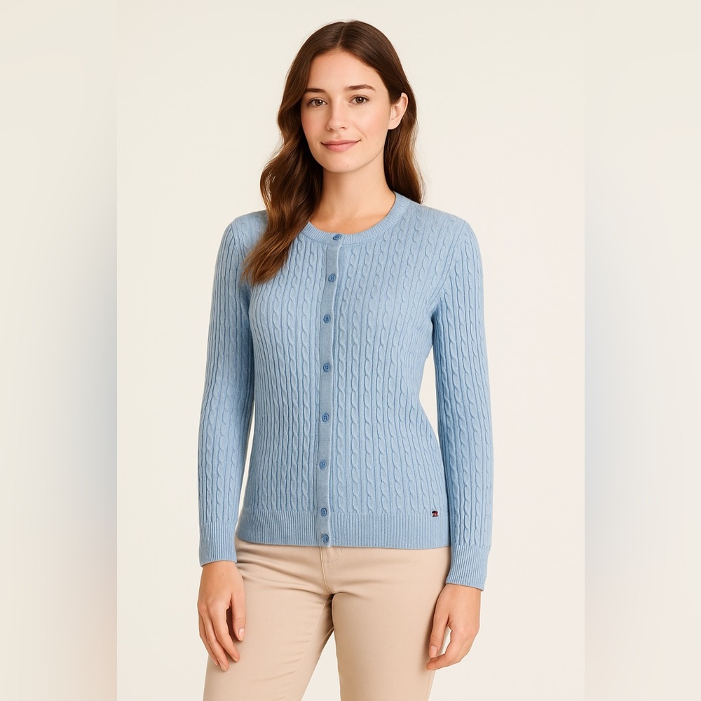 Tommy Hilfiger Women’s Large Light Blue Cable Knit Button Cotton Preppy Cardigan